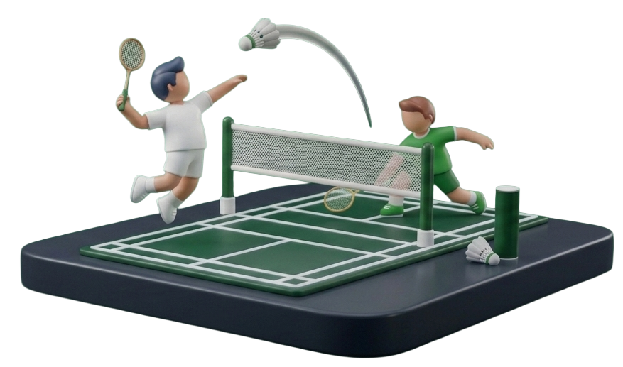 3D illustration of two players rallying over a badminton net